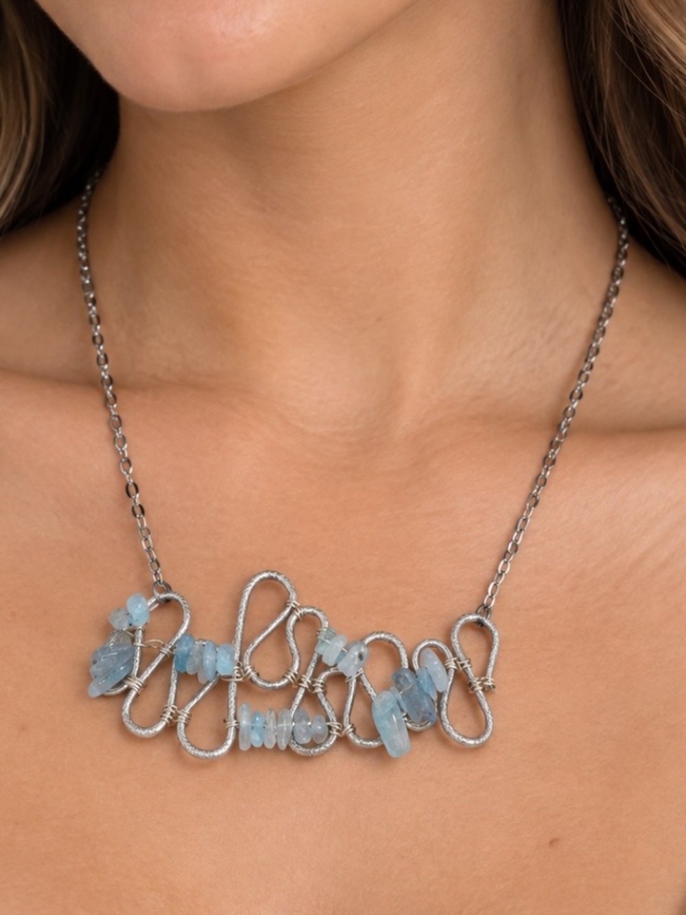 Handmade Aquamarine Bead Chip Wirework Abstract Necklace 22"